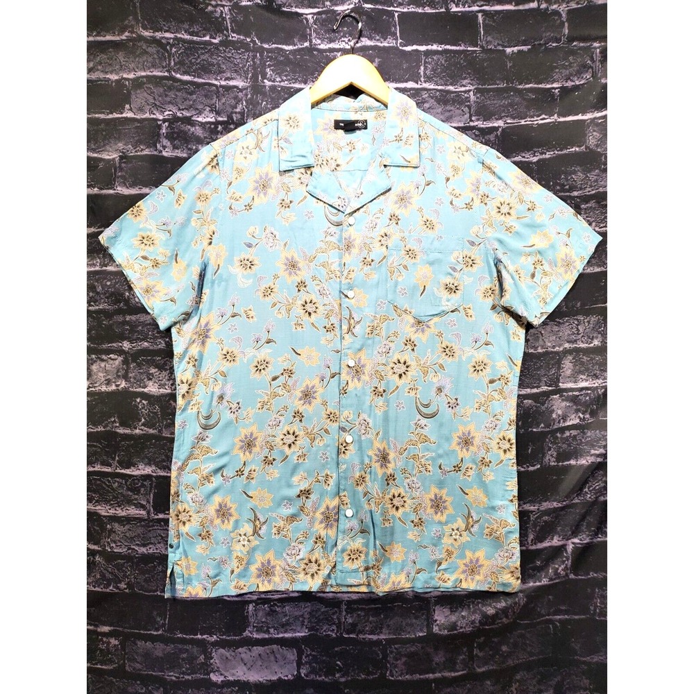 Treasure & Bond Hawaiian Shirt Mens Large Blue Floral Short Sleeve Button Up